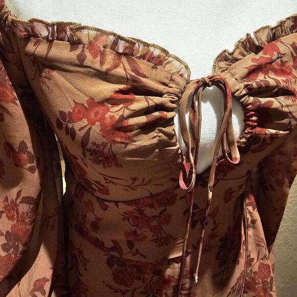 Romantic Cottagecore Floral Top Milkmaid Ruched Whimsy Boho Peplum Sheer Dress S - Picture 10 of 11